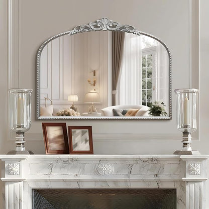 Micasso Vintage Silver Arched Mirror: 32"x24" Baroque Antique Vanity Mirror | Traditional Ornate French Decorative Wall Mirror for Bedroom/Bathroom/Entryway/Hallway/Dresser/Mantel/Nightstand/Over Sink