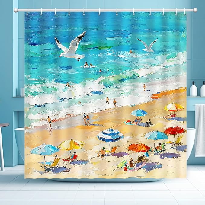 Summer Shower Curtain, Oil Painting Beach Ocean Shower Curtain Coastal Nautical Scene Seaside Seacoast Waterproof Fabric Bathroom Decor, Vacation Themed Bath Curtain for Home, Hotel & Resort
