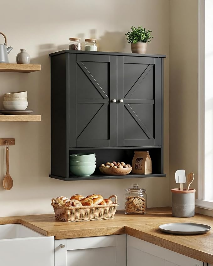 23.6" W x 27.6" H Large Black Bathroom Wall Cabinet with Adjustable Shelf, Farmhouse Medicine Cabinet with 2 Barn Doors, Wooden Over The Toilet Storage Cabinet for Kitchen, Laundry, Entryway