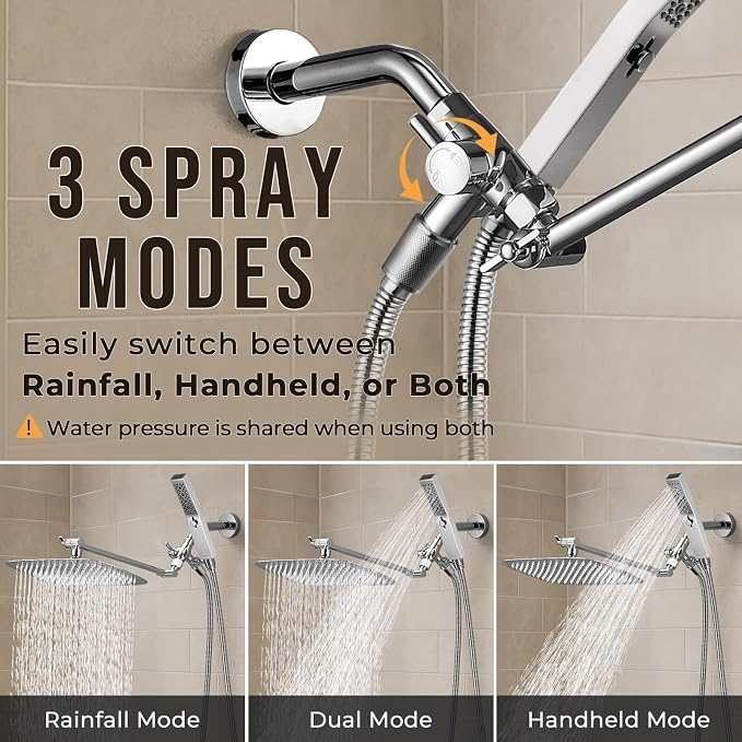 G-Promise All Metal 12" Rain Shower Head with Handheld for Bathroom Upgrade | All Metal, Built to Last, Easy Install, Adjustable Height & Angle for All Heights, Extra Long Hose, Modern Upgrade