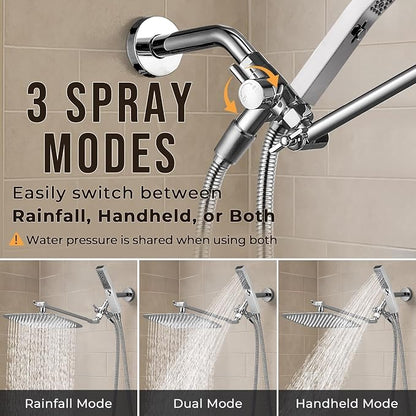 G-Promise All Metal 12" Rain Shower Head with Handheld for Bathroom Upgrade | All Metal, Built to Last, Easy Install, Adjustable Height & Angle for All Heights, Extra Long Hose, Modern Upgrade