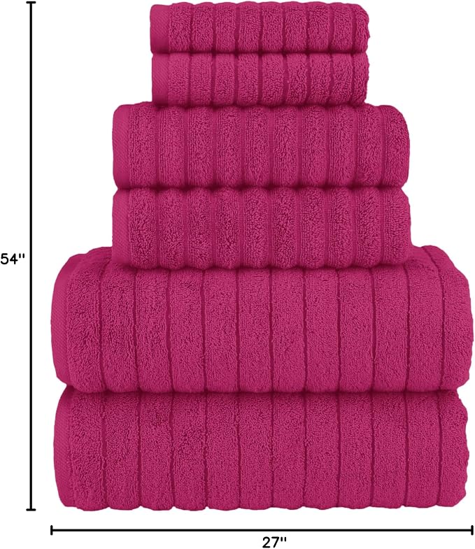Elegant Comfort 100% Turkish Cotton Corduroy Ribbed Luxury Bath Towels 6-Piece Set, Premium Feel - Quick Dry, Highly Absorbent, Contains 2 Bath Towels, 2 Hand Towels, and 2 Washcloths, Hot Pink