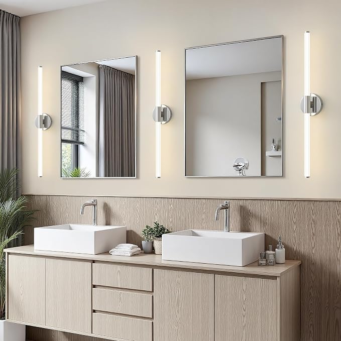 LED Bathroom Vanity Lights Chrome Wall Sconce Modern 30" | 360° Bright Bathroom Light Fixture, Dimmable Vanity Light, Hardwired Wall Light 4000K for Mirror