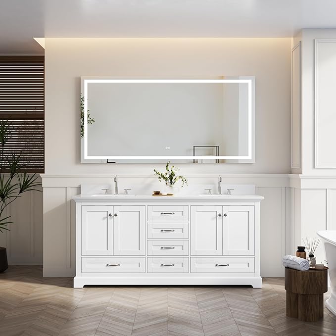 WELLFOR 72 Inch Bathroom Vanity with Double Sinks, Solid Wood Bathroom Vanity W/4 Soft-Close Doors and 6 Drawers, Cultured Marble Countertop Bathroom Vanities W/Two Sinks (White)