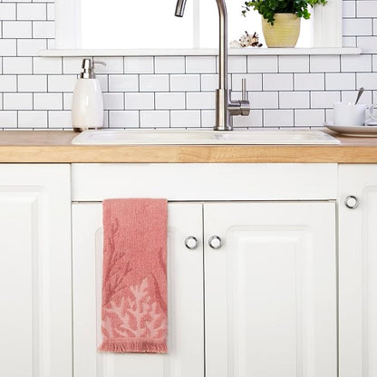 SKL Home Ocean Coral Sculpted Hand Towel Set-2pc, 100% Cotton, Coral | Soft & absorbent with fringed hem. For use in the bathroom, kitchen, or bar. Great for Airbnb, beach homes & coastal décor.