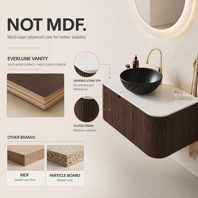 36 Inch Bathroom Vanity with Sink, Floating Wall Mounted Single Sink Vanity, Dark Walnut Curved Fluted Front, Stone Top, Black Marble Vessel Basin, Pre-Assembled
