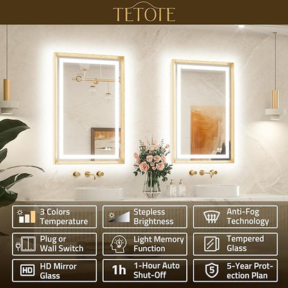 72 x 36 Large Bathroom Mirror Brushed Gold Metal Frame Frontlit & Backlit Vanity Mirror 3 Colors White/Warm/Natural Stepless Dimmable Anti-Fog Bathroom Mirrors for Vanity Wall-Mounted
