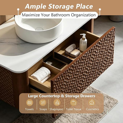 36 Inch Modern Bathroom Vanity with Ceramic Sink, Floating Bathroom Sink Cabinet with Sintered Stone Top&Solid Wood Hammered Frame, Single Bathroom Vanities w/Soft-Close Drawer&Side Open Cube