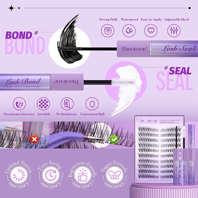 Wispy Lash Clusters Kit Cat Eye Lash Extension Kit 180pcs Natural Individual Lashes Left Right Cluster Eyelash Extensions Kit with Lash Bond and Seal, Lash Tweezers for Self Application