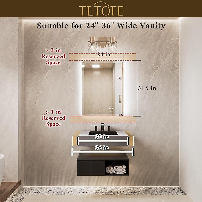 24 x 32 LED Mirror Backlit, Beveled Bathroom Mirror Backlight, Safe Tempered Glass, 3 Color Temperature, Defogger, Adjustable Brightness, Smart Bathroom Mirror, Lighted Vanity Mirrors for Wall