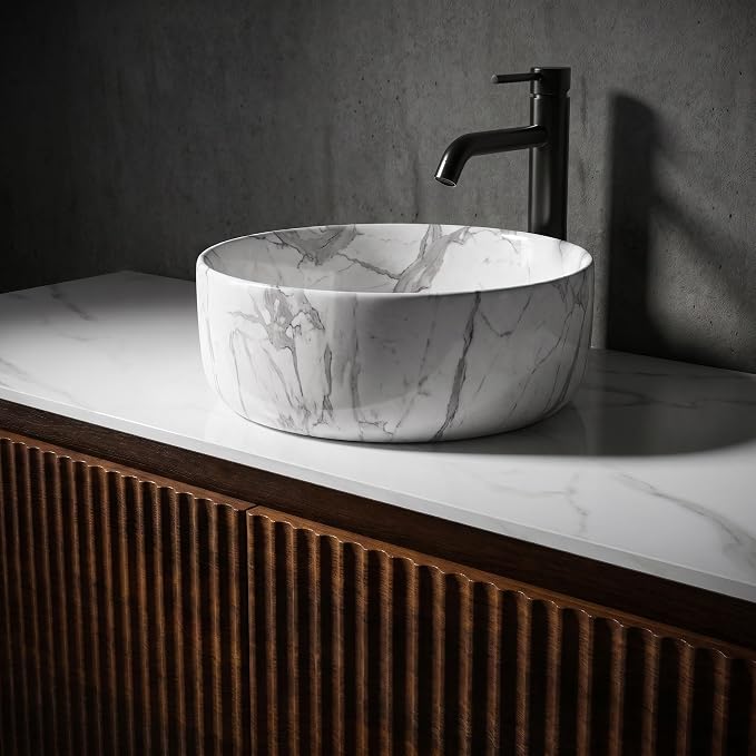 48" Preassembled Floating Bathroom Vanity with Carrara Finish Sink, Walnut | Mid-Century Modern Style, Fluted & Soft-Close Drawer with U-shaped Wall, Sinterted Stone Countertop, Towel Rack Included