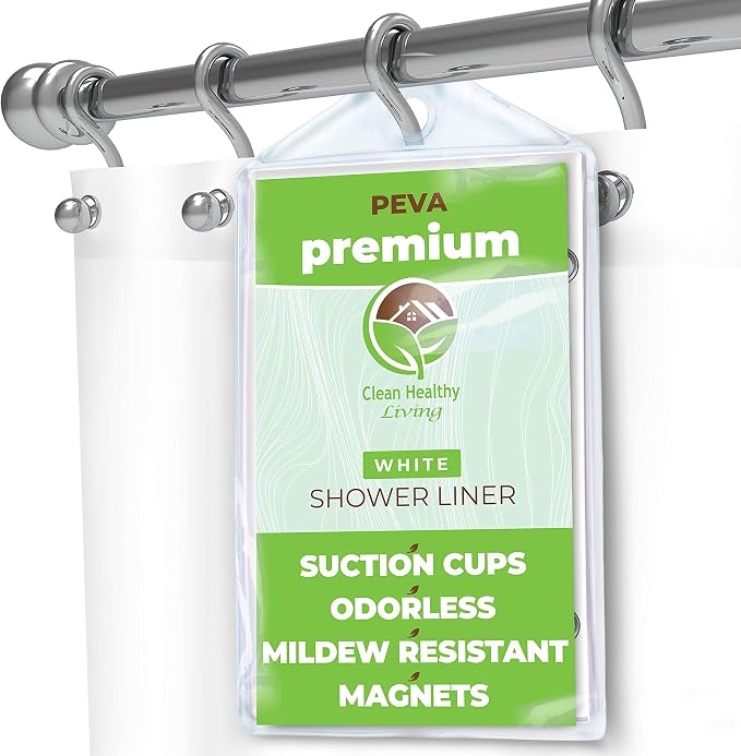 Clean Healthy Living PEVA Shower Curtain Liner, White, 70 x 71 in, Premium | Premium PEVA shower liner, White, 70 x 71 in; magnets and suction cups help reduce shifting along the tub or shower.