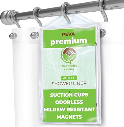 Clean Healthy Living PEVA Shower Curtain Liner, White, 70 x 71 in, Premium | Premium PEVA shower liner, White, 70 x 71 in; magnets and suction cups help reduce shifting along the tub or shower.