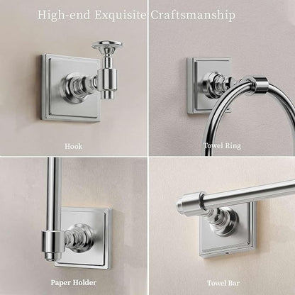 VEHCIL Polished Chrome Bathroom Towel Bar Set, 5 Piece Bathroom Hardware Accessory Set, SUS304 Stainless Steel 24" Towel Rack Holder Set for Bathroom, Wall Mounted