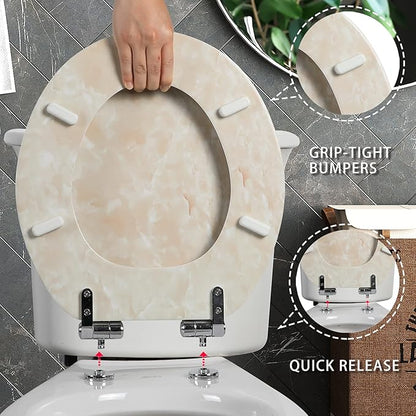 Angel Shield Marble Toilet Seat Durable Molded Wood with Quiet Close, Easy Clean, Quick-Release Hinges (Round, Beige Marble)