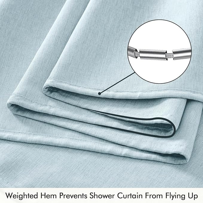 ANRODUO Fog Blue Extra Long Linen Fabric Shower Curtain Set - W72xL108 | Farmhouse Shower Curtain with 12 Metal Hooks, Waterproof Heavy Duty, Button Hole Design, Machine Washable for Bathroom