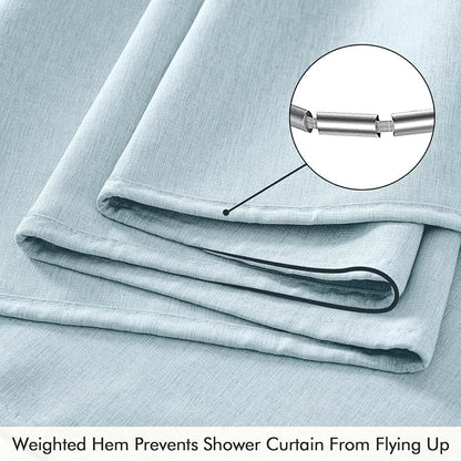 ANRODUO Fog Blue Linen Textured Fabric Shower Curtain Set - W72xL72 | Farmhouse Shower Curtain with 12 Metal Hooks, Waterproof Heavy Duty, Button Hole Design, Machine Washable for Bathroom