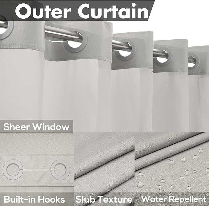 River Dream Extra Long No Hook Shower Curtain with Snap-in Liner, Gray | 71W x 98H, Snap on/off Waterproof PEVA Liner, See Through Top Window, Floor to Ceiling Hotel Style Shower Curtain Set