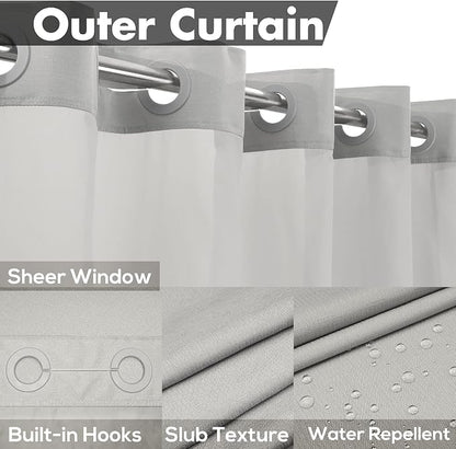 River Dream No Hook Long Shower Curtain with Snap-in Liner 71x80, Grey | Snap on/off Waterproof PEVA Liner, See Through Top Window, Slub Textured, Hotel Style Shower Curtain Set, 71W x 80H