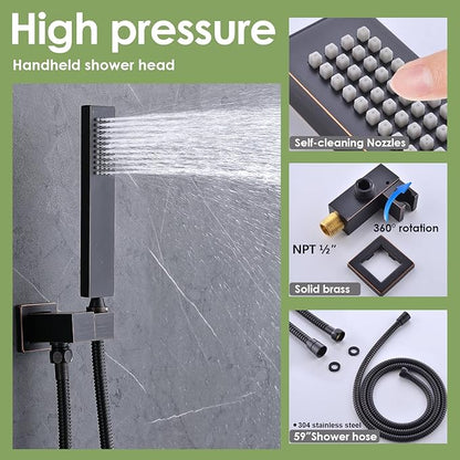 Enga Oil Rubbed Bronze Rain Shower System with Body Spray, 12inch Ceiling Rainfall Shower Faucet Complete Kit with 3-way Diverter Valve