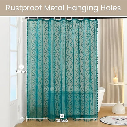 WAZZIO Teal Lace Shower Curtain for Bathroom 72" W x 84" L, Victorian Farmhouse Floral Pattern Tassel Fancy Shower Curtain Boho Washable Cloth Decorative Bath Curtains,1 Panel,Turquoise