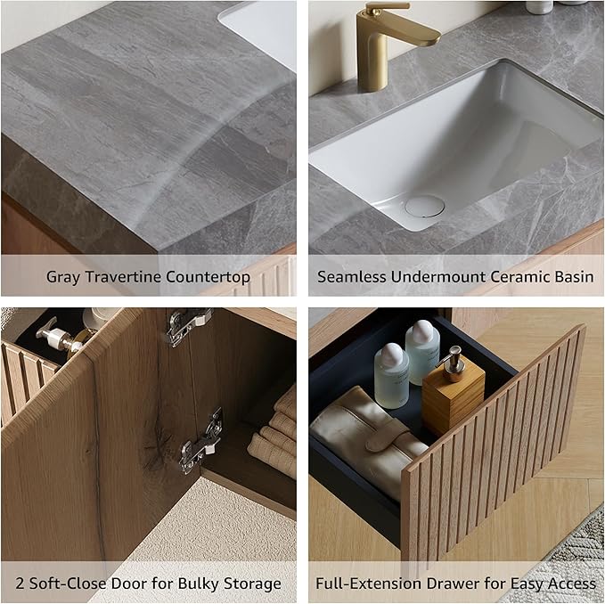 48” Floating Bathroom Vanity with Sink, Wall-Mounted Cabinet with Drawer & Doors, Gray Travertine-Pattern Sintered Stone Top, Undermount Basin, Single Faucet Hole, Soft-Close, Pre-Assembled, Light Oak