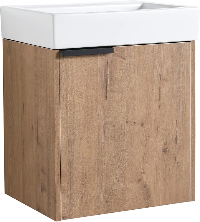 Malwee 18" Floating Bathroom Vanity with Sink, 18 Inch Single Sink Wall Mounted Bathroom Vanity, with 1 Door and White Ceramic Basin Top, Modern Bath Wall-hung Storage Cabinet for Small Space (015-18)