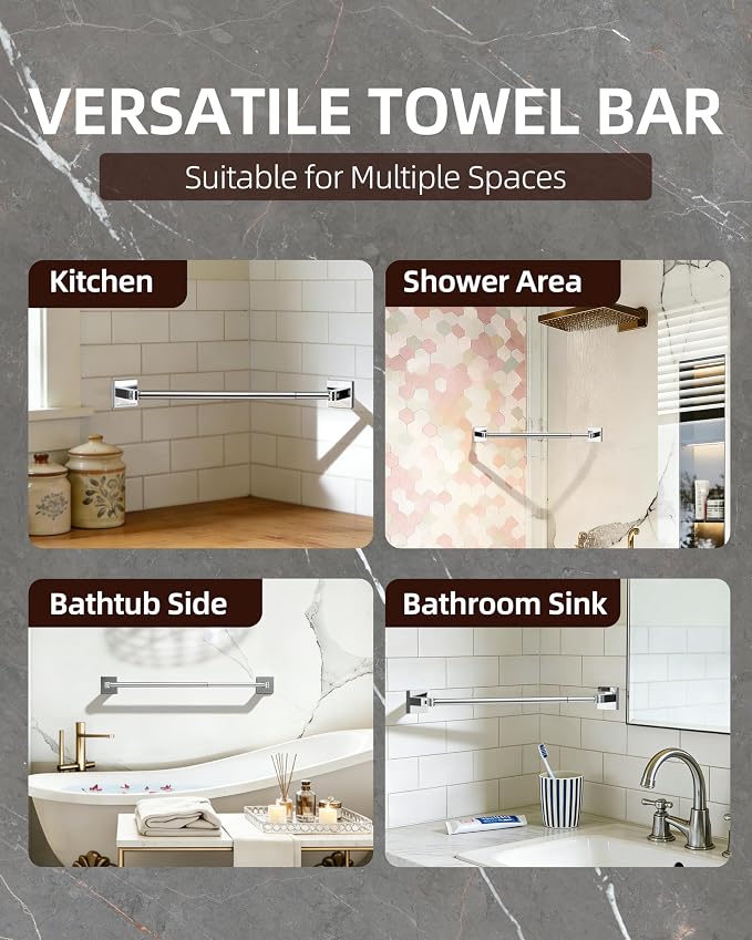 RUACQ Adjustable Towel Bar, Adhesive or Drill Wall Mount Towel Rack, Chrome | Adjust 15.8 to 26 Inch Towel Racks for Bathroom, 304 Stainless Steel Bath Towel Holder, Rustproof, Square Base, Heavy Duty