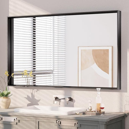 Keonjinn 40x24 Inch Black Bathroom Mirror for Over Sink, HD Tempered Glass | Rectangular, Vanity Mirror, Brushed Framed, Square Corner, Modern Farmhouse, Wall Mounted Mirrors, Aluminum Alloy