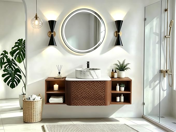 48 Inch Modern Bathroom Vanity with Ceramic Sink, Floating Bathroom Sink Cabinet with Sintered Stone Top&Solid Wood Hammered Frame, Single Bathroom Vanities w/Soft-Close Drawer&2 Side Open Cube