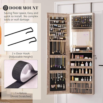 Vlsrka 47.2" LED Jewelry Cabinet, Wall Mounted Jewelry Mirror Organizer | Over The Door Hanging Jewelry Armoire Organizer, Lockable Mirror with Jewelry Storage, 4 Drawers, 5 Shelves for Women (Wood)
