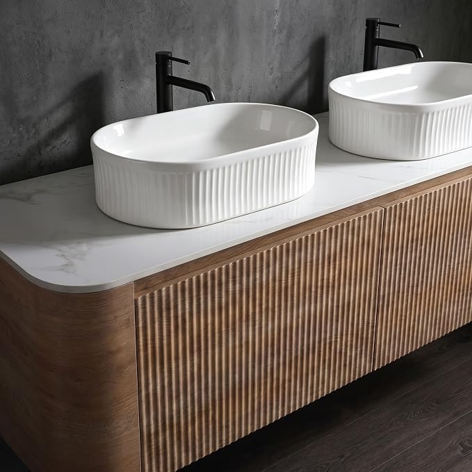 60" Preassembled Double Floating Bathroom Vanity with White Sink, Oak | Mid-Century Modern Style, Fluted & Soft-Close Drawer with U-shaped Wall, Sinterted Stone Countertop, Towel Rack Included