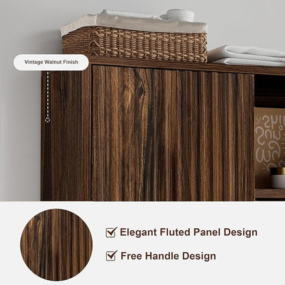 Farmhouse Bathroom Wall Cabinet Fluted,Medicine Cabinet Over The Toilet Storage Cabinet with Adjustable Shelf, Wood Wall Mounted Storage Cabinet Organizer 23.2Wx24Hx7.6D (Dark Walnut, Medium)