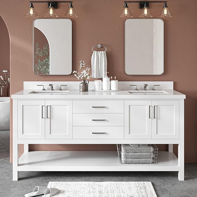 ARIEL Magnolia 72-inch Bathroom Vanity with Sink,Solid Wood, 1.5-inch Pure White Quartz Countertop & Backsplash, Double Rectangular Porcelain Sink, 4 Soft Closing Doors, 3 Dovetail Drawers, White