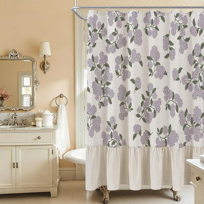 ORTIGIA Linen Textured Ruffle Shower Curtain with Metal Hooks, Vintage Purple Hydrangea Floral Boho Waterproof Bath Curtain for Rustic Farmhouse Bathroom Decor 72x72 Inch