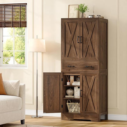 Tall Storage Cabinet with 2 Adjustable Shelves & 1 Large Drawer, Kitchen Pantry Cabinet with 4 Doors, Bathroom Storage Cabinets, for Living Room, Kitchen, Bathroom, Walnut
