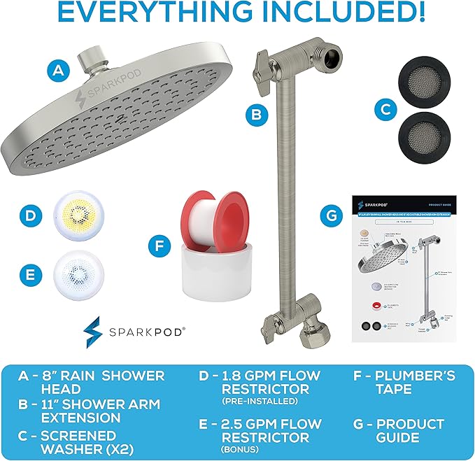 SparkPod 8" Round Rain Shower Head with 11" Shower Arm | Shower Head & Extension Arm Combo, Height Adjustable, High Pressure Performance, Easy 1-Minute Installation, Brushed Nickel