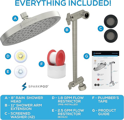 SparkPod 8" Round Rain Shower Head with 11" Shower Arm | Shower Head & Extension Arm Combo, Height Adjustable, High Pressure Performance, Easy 1-Minute Installation, Brushed Nickel