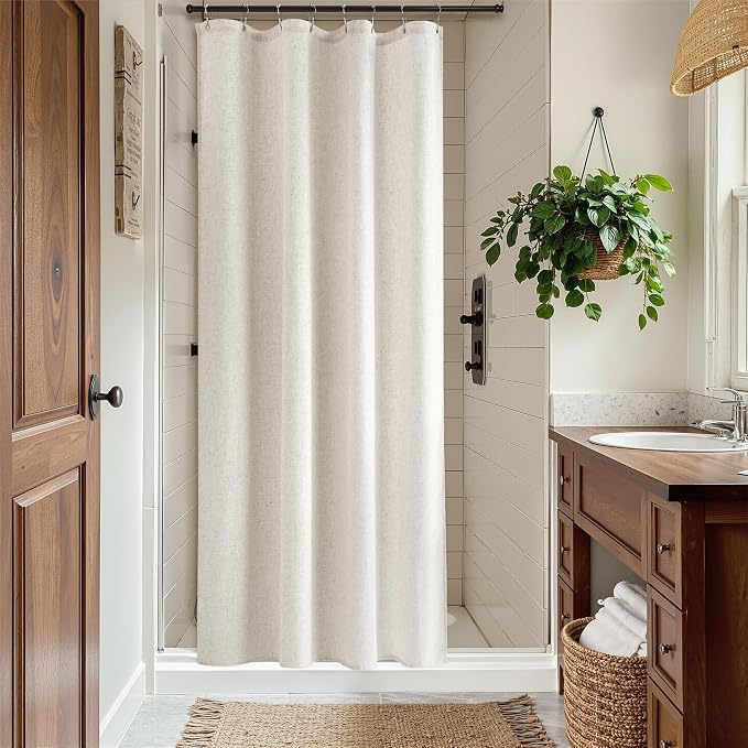 Linen Shower Curtain for Bathroom 48x72 Inch 1 Panel Cream Beige | Small Shower Curtains with Hook for Camper RV Narrow Singel, Neutral Rustic Boho Farmhouse, Simple Shower Decor,Natural Ivory