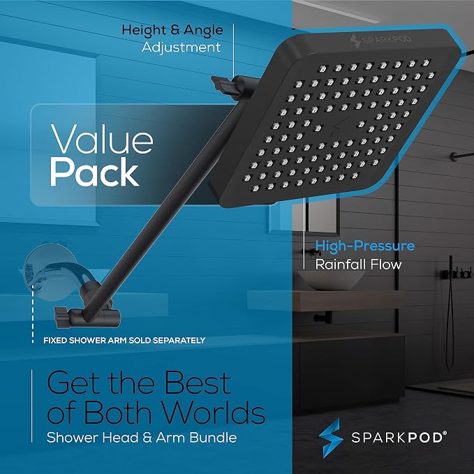 SparkPod 6" Square Rain Shower Head with 16" Shower Arm | Shower Head & Extension Arm Combo, Height Adjustable, High Pressure Performance, Easy 1-Minute Installation, Black Matte