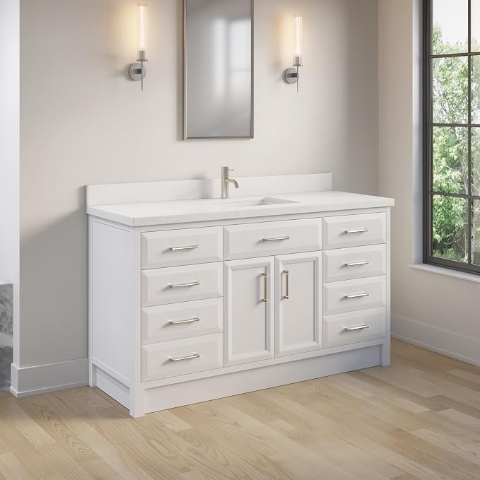 Capri III 60" Single Sink Bathroom Vanity With Stealth Organizer, Solid Wood Bathroom Cabinet with Engineered Stone Countertop & Backspalsh, Soft Closing Door & Drawer, Pre-Assembled, White