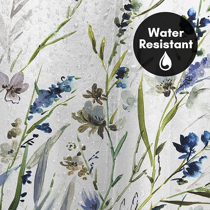 Americanflat 71x74 Floral Shower Curtain - Water-Resistant Long Shower Curtain with Durable Metal Grommets and 12 Hooks - 100% Polyester - Botanical Bathroom Curtains - Blue, Green, Taupe and White