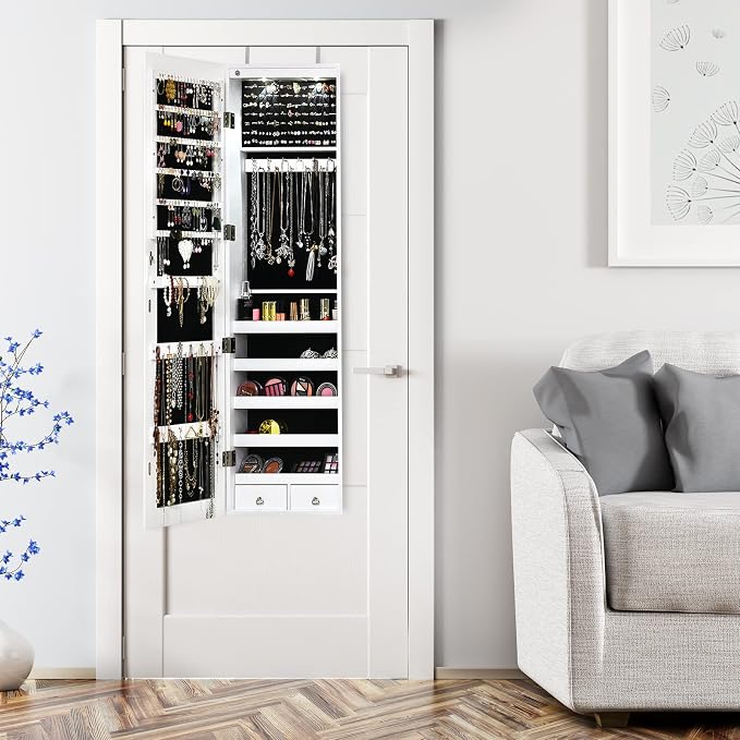 COSTWAY Wall Mounted Jewelry Armoire with Full Length Mirror & 2 LED Lights, Large Storage Capacity, Lockable Mirror Jewelry Cabinet for Women Girls (White)