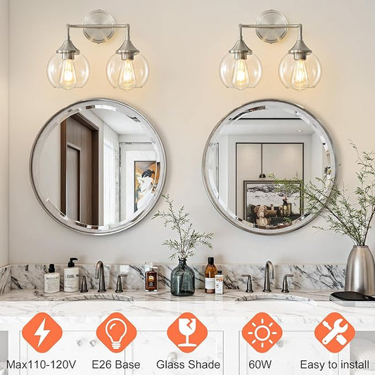 Bathroom Vanity Light with Clear Glass Shade, E26 Base, 2-Light Bathroom Light Fixtures Over Mirror, 14 Inch Vanity Lights for Bathroom (Exclude E26 Bulb) - Brushed Nickel