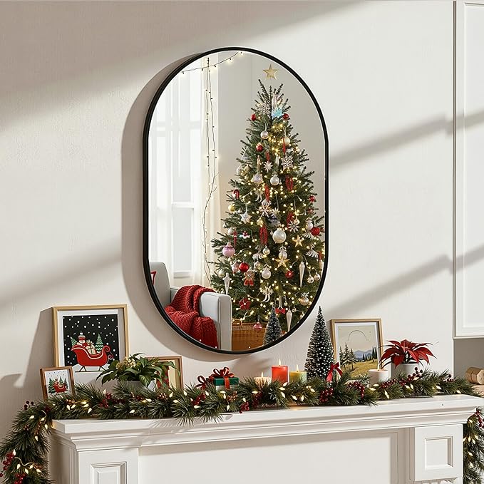 Black Oval Bathroom Mirror for Wall, 24"x36" Bathroom Vanity Mirror | HD Shatterproof Glass, Metal Framed, Oval Vanity Mirrors for Bathroom, Bedroom, Living Room, Entryway, Horizontal or Vertical