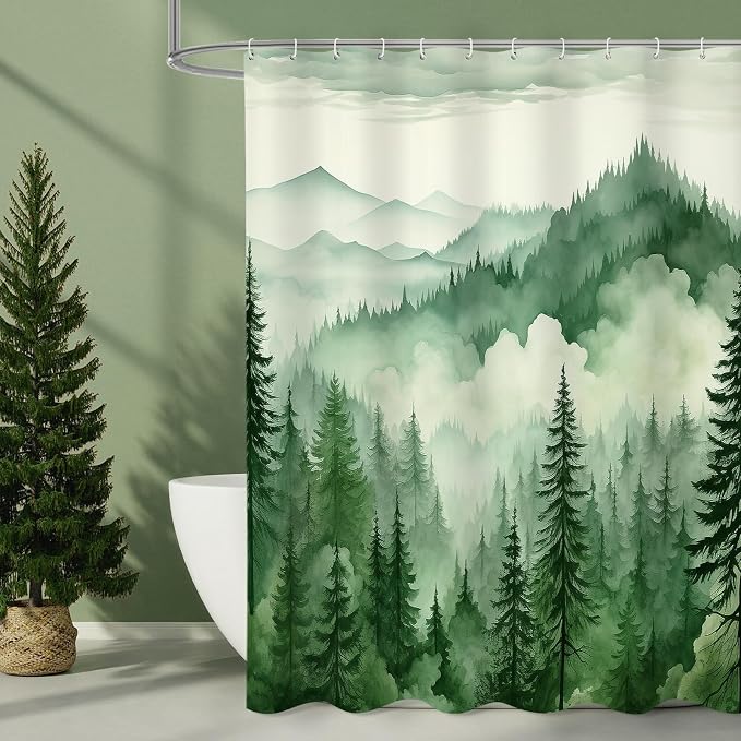 Litabel Green Extra Long Misty Pine Forest Shower Curtain 72 x 84, XL Mountain Foggy Woodland Scenery Tree Shower Curtains for Bathroom, Abstract Waterproof Nature-Themed Decor