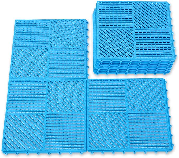 9 Pack Interlocking Rubber Floor Tiles Soft Non-Slip Outdoor Shower Mat with Drainage Holes for Slippery Areas, 12"×12" Blue