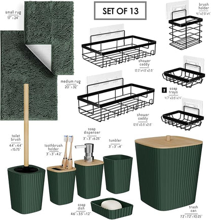 Clara Clark Bathroom Set - Hunter Green Bathroom Accessories Set, 6PC Bathroom Accessory Set, Bathroom Sets with Bathroom Rugs, Adhesive Corner Shower Caddy Hanging, Toilet Brush & Trash Can
