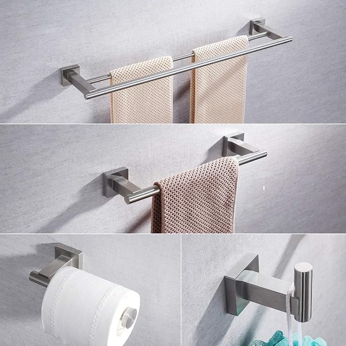 Miyili Bathroom Accessories Set 4-Piece Bath Hardware Kit Brushed Stainless Steel Wall Mount - Includes Double Towel Bar, Hand Towel Rack, Toilet Paper Holder, Robe Hook, BS02N4