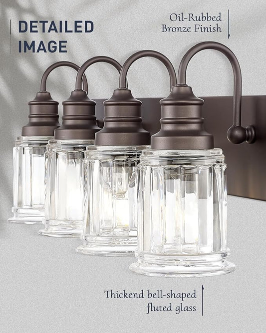 Bathroom Vanity Light - HWH 4-Light Vanity Lights for Bathroom Wall Mounted Light Fixtures Over Mirror, Oil Rubbed Bronze Vanity Light with Bell-Shaped Clear Glass, 5HZG106B-4W ORB